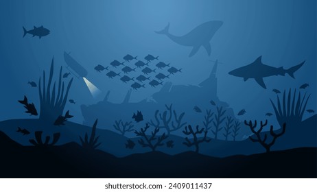 Underwater seascape vector illustration. Deep seascape with shipwreck, submarine, fish and coral reef. Undersea landscape for illustration, background or wallpaper