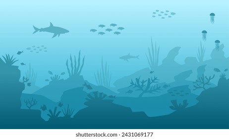 Underwater seascape vector illustration. Deep sea silhouette with fish and coral reef. Undersea landscape for illustration, background or wallpaper