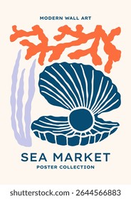 Underwater seashell with pearl vector illustration. Minimalist retro sea poster design with ocean shell, seaweeds, corals
