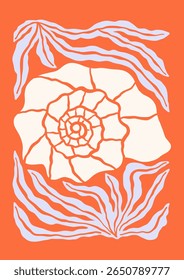 Underwater seashell vector illustration. Minimalist retro sea poster design with ocean shell, seaweeds, corals