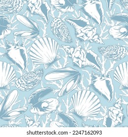 Underwater seashells pattern seamless monochrome ocean floor with beautiful seashells with pearl jewels or mussels among corals vector illustration
