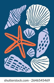 Underwater seashells vector illustration. Minimalist retro sea poster design with ocean shells, starfish