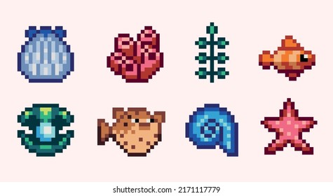 Unter Wasser kreiert das Ufer Pixelkunst-Set. Muscheln, Seesterne, Muscheln, Korallen, Algen, Fischsammlung. 8-Bit-Sprite. Spielentwicklung, mobile App.  Einzige Vektorgrafik.