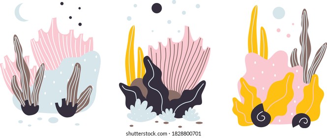 Underwater seaweed abstract vector illustration. Ocean bottom, corals reefs, seaweed. Underwater hand drawing poster. All elements are isolated.