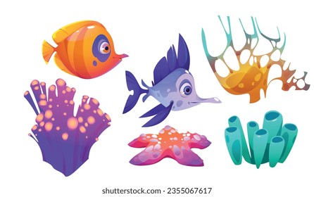 Underwater seaweed, coral reef and fish cartoon vector illustration set. Various bright colored marine or aquarium plants and animals. Sea and ocean tropical vibrant creatures - aquatic habitat.