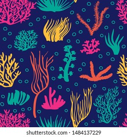 Underwater seaweed coral seamless pattern. Sea bright colorful repeated background. Vector cartoon flat style.