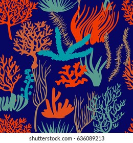 Underwater seaweed coral seamless pattern. Sea bright colorful repeated background. Vector cartoon flat style.