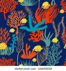 Underwater seaweed coral seamless pattern. Sea bright colorful repeated background. Vector cartoon flat style.