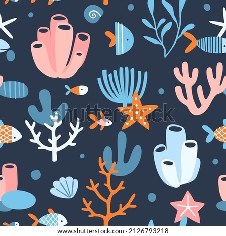 Underwater seaweed and fish pattern. Baby seabed coral rife seamless vector print for textile, nursery, paper. Stock photo © 