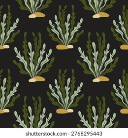 Underwater seaweed pattern on dark background, stylized green aquatic plants and sea rocks illustration for bathroom interior decor, eco-friendly packaging, and summer textile prints