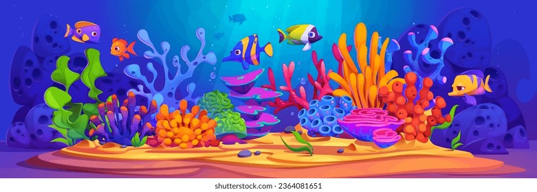 Underwater seaweed plant and coral background. Ocean reef scene with grass, rock, algae weed and tropical decorative fish cartoon game environment wallpaper. Nautical oceanic wildlife graphic design