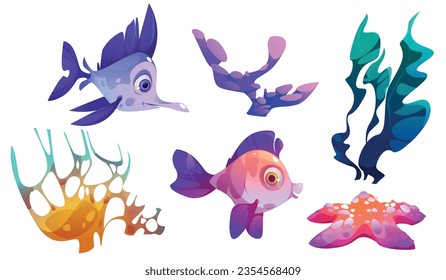 Underwater seaweed plant, fish and coral vector. Marine alga, grass and wild animal isolated cartoon flora clipart collection. Undersea tropical aquatic decoration element in orange, purple and pink.