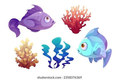 Underwater seaweed plant, fish and coral vector. Marine alga, grass and wild animal isolated cartoon flora clipart collection. Undersea tropical aquatic decoration element. Vector illustration.