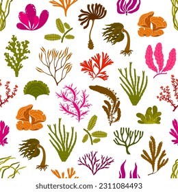 Underwater seaweed plants seamless pattern. Colorful tile vector background with coral reef, aquarium, ocean and undersea algae and kelp water sea weeds and wracks, cartoon marine repeated ornament