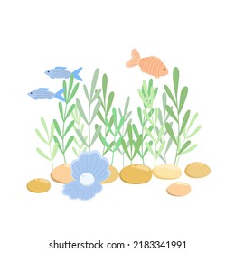 Underwater seaweed, stones, cute seashell with pearl and swimming fish vector illustration, marine life simple cartoon style composition, sea ocean flora hand drawn image