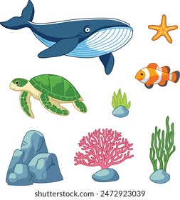 underwater set collection  under the sea set  : whale, clown fish, turtle, starfish, coral, seaweed, and stone