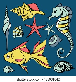 Underwater Set Flat Sea  Illustration Fish Seashell Starfish Algae Seahorse