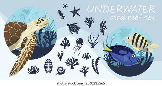 Underwater set includes: Editable EPS file with separate layers for all elements. Individual illustrations of sea turtle, fish, and coral reef. High-resolution preview showing all available elements.