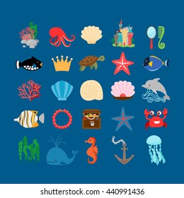 Underwater set. Marine life and underwater plants, treasure and cartoon ocean animals. Vector illustration