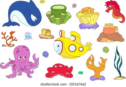 Underwater set. Ocean inhabitants and submarine. Octopus, jellyfish, starfish, sea-horse, reefs and corals. Vector illustration