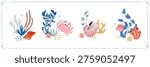 Underwater set with sea plants shells crab and marine elements colorful ocean illustration , design suitable for web design packaging patterns educational materials branding social media.Vector