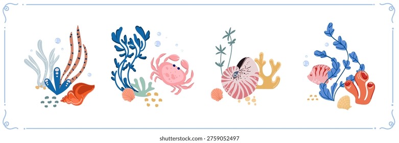 Underwater set with sea plants shells crab and marine elements colorful ocean illustration , design suitable for web design packaging patterns educational materials branding social media.Vector