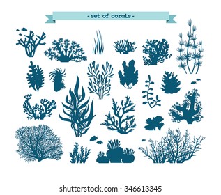 Underwater set - silhouette of corals and algae on a white background.