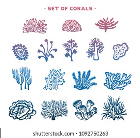 Underwater set - silhouette of corals and algaes on a white background. Vector illustration.