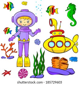 Underwater set: yellow submarine, diver, fish and corals. Vector illustration