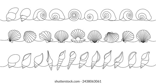 Conchas submarinas puestas. Conchas de mar, moluscos, vieiras, perlas. Ilustración continua de una línea de conchas submarinas tropicales.