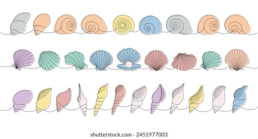 Conchas submarinas puestas. Conchas de mar, moluscos, vieiras, perlas. Ilustración continua de una línea de conchas submarinas tropicales.