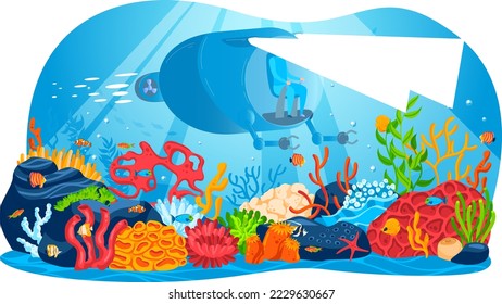 Underwater ship explorer ocean autonomous rov manipulators or robotic arms vector illustration. Modern remotely operated underwater vehicle. Fictitious subsea drone or robot for deep underwater