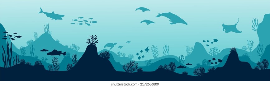 underwater silhouette background. underwater coral reef, sea fish and marine algae cartoon scene, underwater. vector live aqua and seabed