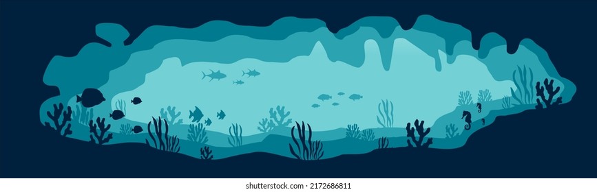 underwater silhouette background. underwater coral reef, sea fish and marine algae cartoon scene, underwater. vector live aqua and seabed