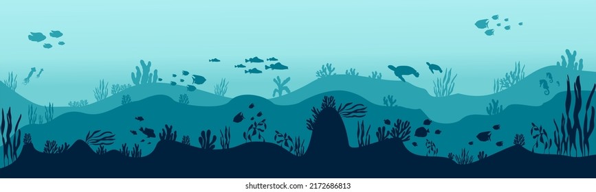 underwater silhouette background. underwater coral reef, sea fish and marine algae cartoon scene, underwater. vector live aqua and seabed