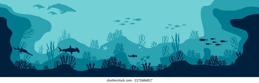 underwater silhouette background. underwater coral reef, sea fish and marine algae cartoon scene, underwater. vector live aqua and seabed