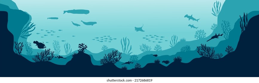 underwater silhouette background. underwater coral reef, sea fish and marine algae cartoon scene, underwater. vector live aqua and seabed