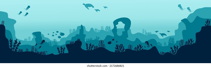 underwater silhouette background. underwater coral reef, sea fish and marine algae cartoon scene, underwater. vector live aqua and seabed