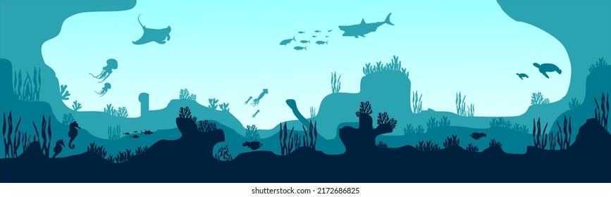 underwater silhouette background. underwater coral reef, sea fish and marine algae cartoon scene, underwater. vector live aqua and seabed