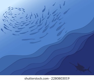 Underwater silhouette background. A flock of fish, the sun's rays under the water.