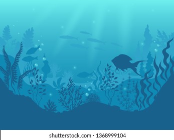Underwater silhouette background. Undersea coral reef, ocean fish and marine algae cartoon scene, sunbeams under water. Vector aqua life and sea bottom