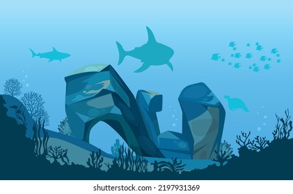Underwater silhouette background. Undersea coral reef, ocean fish, marine algae, sharks, and light water