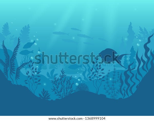 Underwater silhouette background. Undersea coral\
reef, ocean fish and marine algae cartoon scene, sunbeams under\
water. Vector aqua life and sea\
bottom