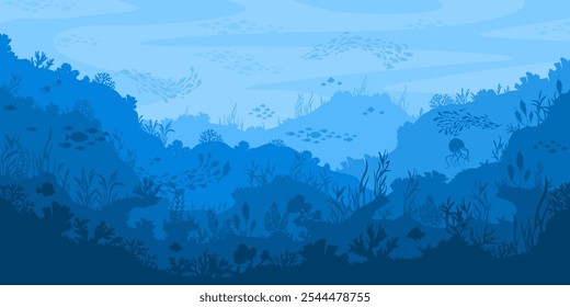 Underwater silhouette landscape. Abstract layered blue ocean coral reef with marine life, aquatic plants, fish shoals and jellyfish. Background vector illustration.