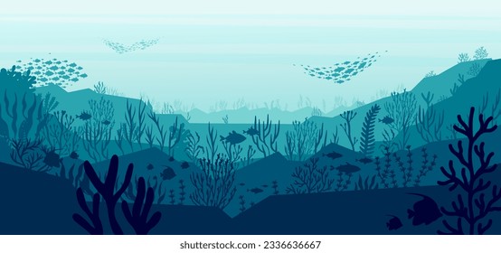 Underwater silhouette landscape. Exotic marine underwater scene with coral reef and fish. Vector background with manta and hammerhead sharks of coral reef ocean underwater illustration