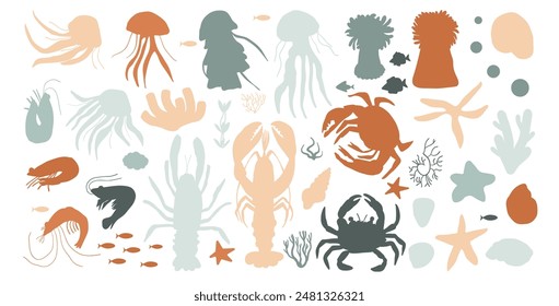 Underwater silhouettes life isolated on white background. Collection of jellyfish, sea anemones, lobster, crabs, shrimp, starfish, shells, corals and seaweed. Set of Vector hand drawn illustration.