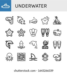 underwater simple icons set. Contains such icons as Submarine, Snorkel, Dolphin, Whale, Starfish, Shell, Flippers, Squid, Dive, Fins, Octopus, can be used for web, mobile and logo