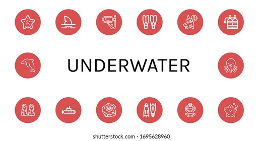 Underwater Simple Icons Set. Contains Such Icons As Starfish, Shark, Snorkel, Flippers, Oxygen Tank, Fins, Submarine, Shell, Diving Helmet, Can Be Used For Web, Mobile And Logo