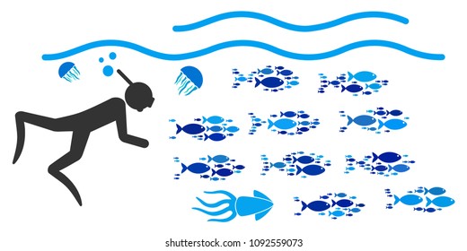 Underwater snorkeling diver with fish vector illustration set with collage elements filled by fish icons in blue and gray colors. Flat eco style with mosaic items.