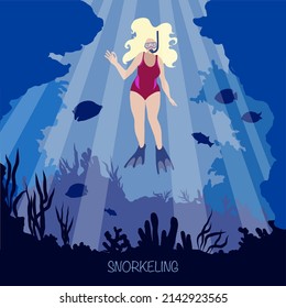 Underwater snorkeling vector illustration. Woman character diver in swimming suit with mask. 